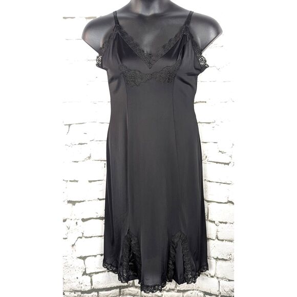 VINTAGE CAROL BRENT Shiny Nylon Lace Slip Dress Black Glamour Femme USA Sz 18/40 - Picture 1 of 8